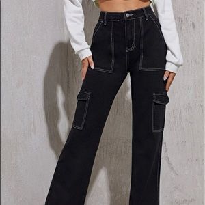 Black Cargo Jean Pants High Waist